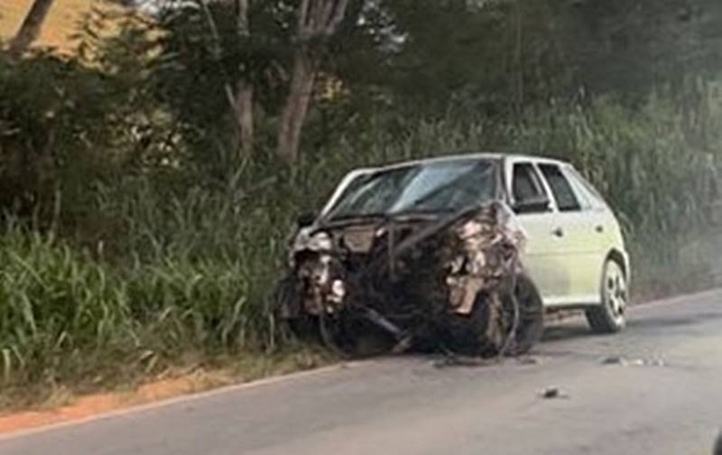 Carro fura pneu ao passar por buraco e colide com caminhão na BR-120 em Leopoldina