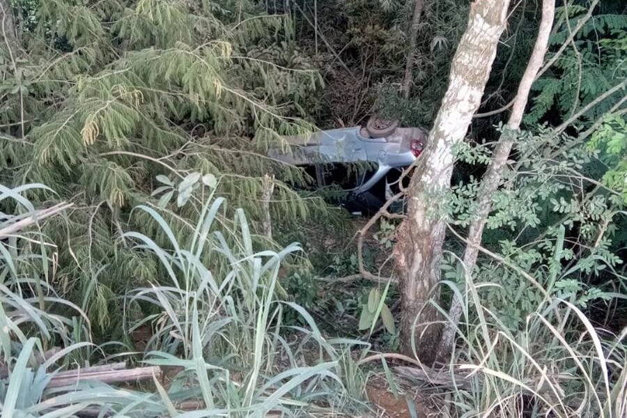Ocupantes de carro sobrevivem após veículo capotar e bater em árvores em Leopoldina