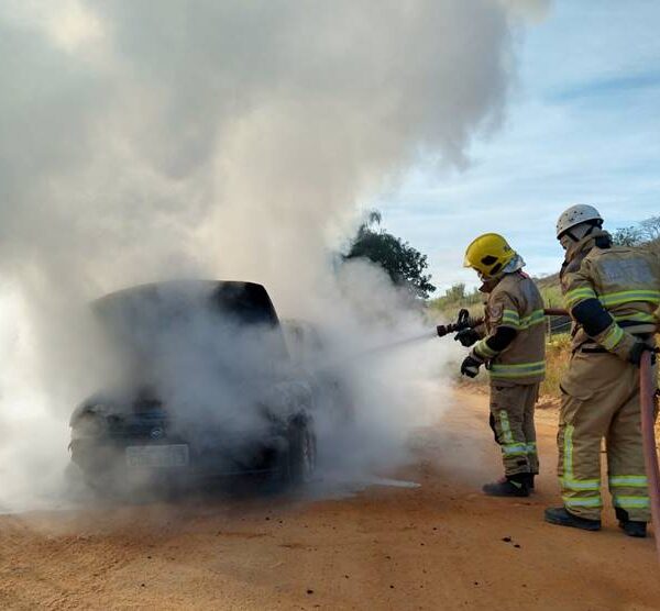 Bombeiros controlam fogo em carro na zona rural de Leopoldina