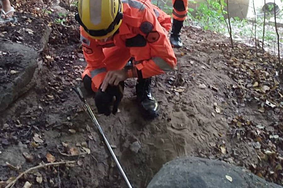 Cachorrinha é resgatada pelos bombeiros em Leopoldina após ficar presa em buraco