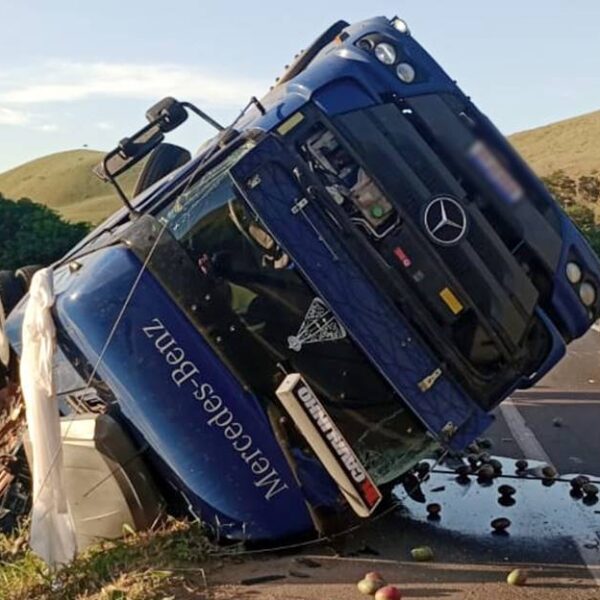 Carreta carregada de mangas tomba em acidente BR-116 em Leopoldina