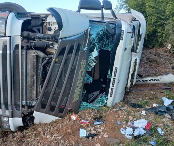 Carreta carregada com frios tomba na BR-116 em Leopoldina