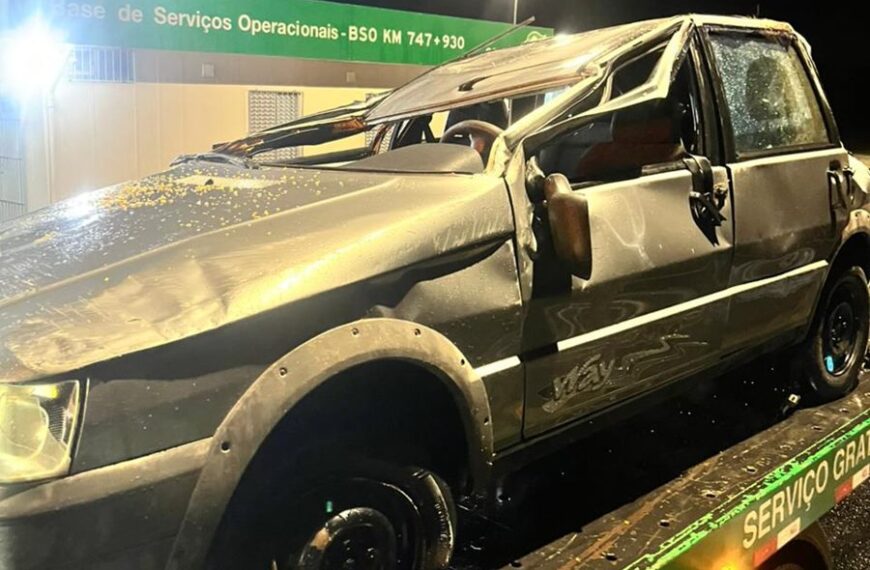 Carro com idosos e crianças capota na BR-116 após colidir com guincho em Leopoldina