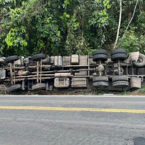 Motorista sai ileso após caminhão carregado com pedras tombar na BR-267, em Argirita