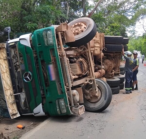 Carreta carregada com cavaco de madeira tomba na MG-120 entre Leopoldina e Cataguases