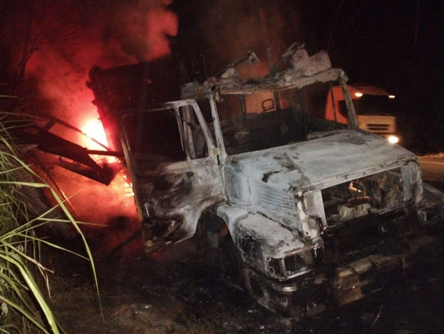 Caminhão pega fogo na BR-116 em Leopoldina próximo ao Bairro Fortaleza