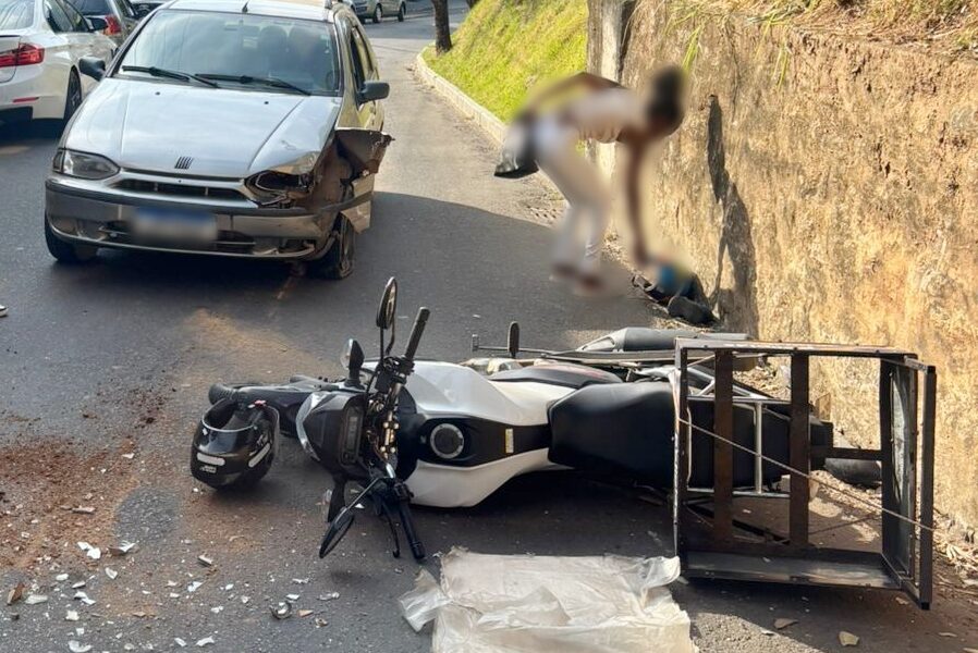 Carro na contramão provoca acidente com motociclista próximo ao Hospital de Leopoldina