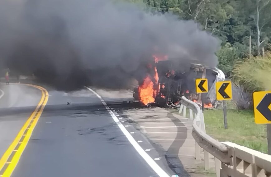 Carreta carregada com vidros tomba e pega fogo na região da Serra da Vileta em Leopoldina