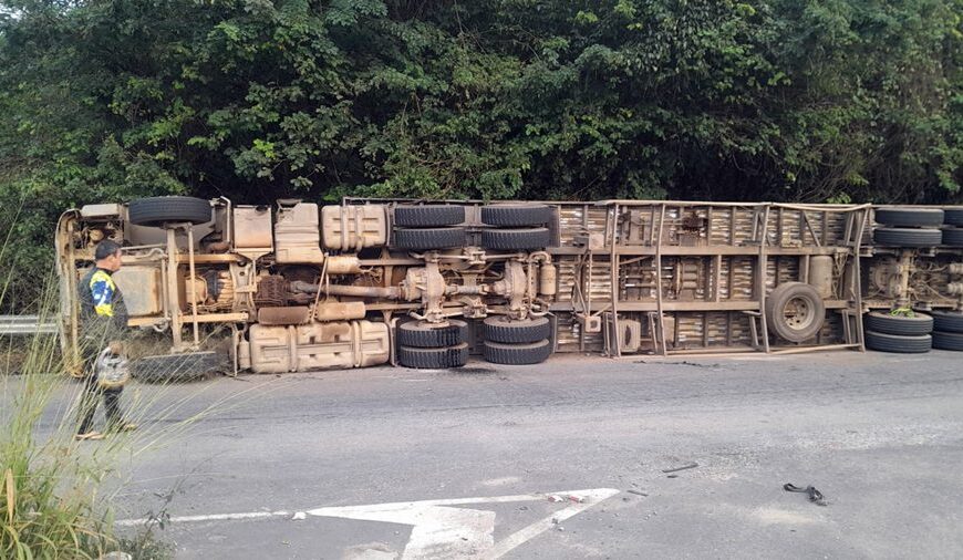 Carreta carregada com cavaco de madeira tomba em trevo de Cataguases