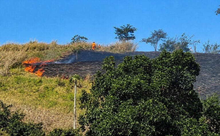 Incêndio em vegetação deixa Leopoldina encoberta por fumaça e ameaça residências