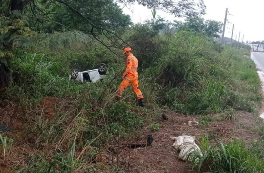 Carro é encontrado capotado e sem ocupantes às margens da BR-356 em Muriaé